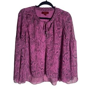 Jennifer Lopez Bell Sleeve Tie Neck Pink Black Metallic Snakeskin Top Size XS